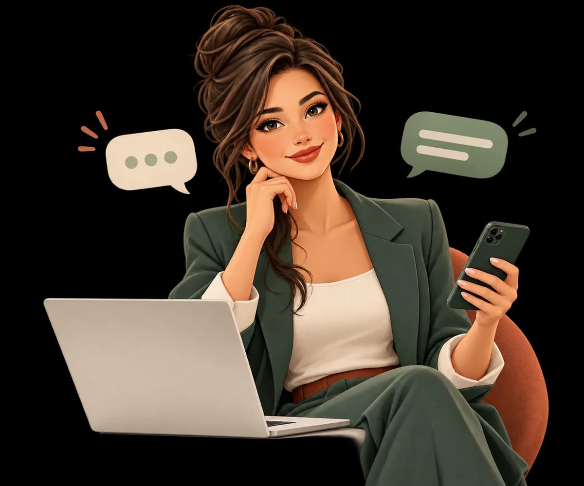 Recepcionista ZEIDY atendiendo mensajes desde su notebook y teléfono
